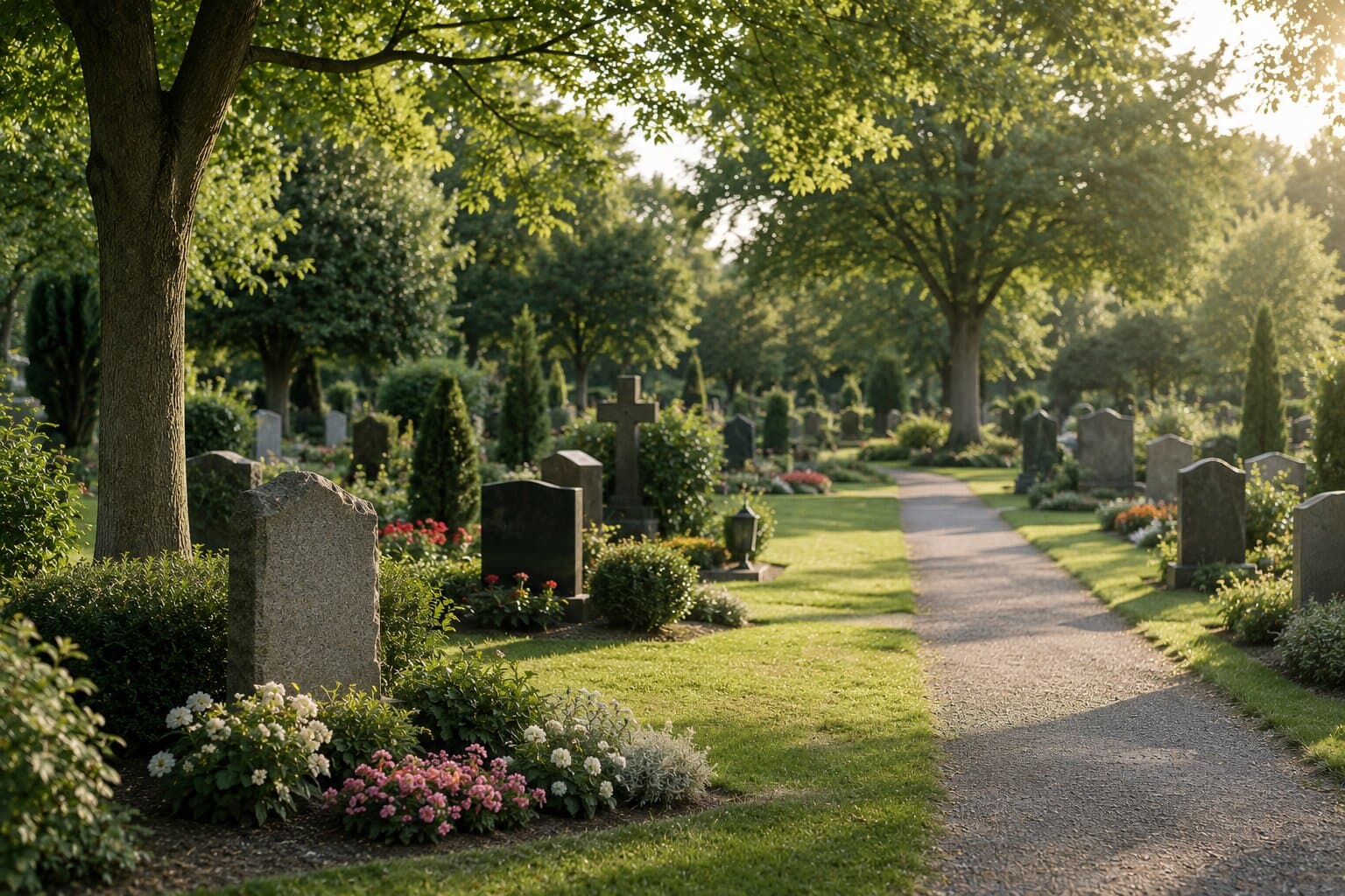 Friedhofsweg zwischen Bäumen und Grabsteinen
