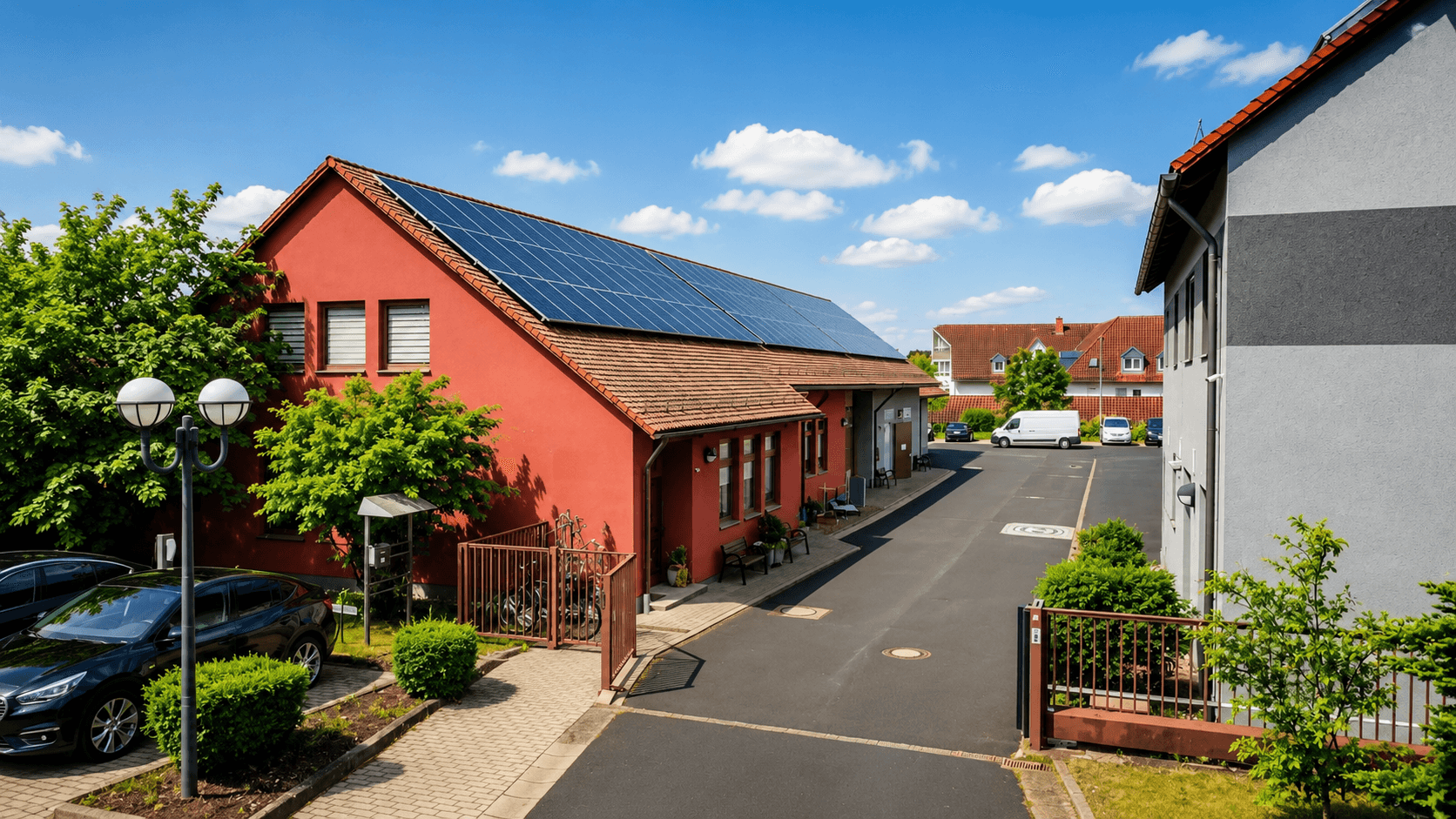 Wohngebäude mit großflächiger Photovoltaikanlage auf dem Dach in einem gepflegten Wohngebiet bei sonnigem Wetter. Moderne Solarmodule, asphaltierte Zufahrt und nachhaltige Energieversorgung in einer ruhigen Wohnsiedlung.