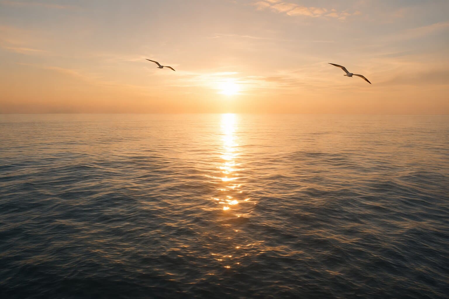 Sonnenuntergang über dem Meer mit Möwen