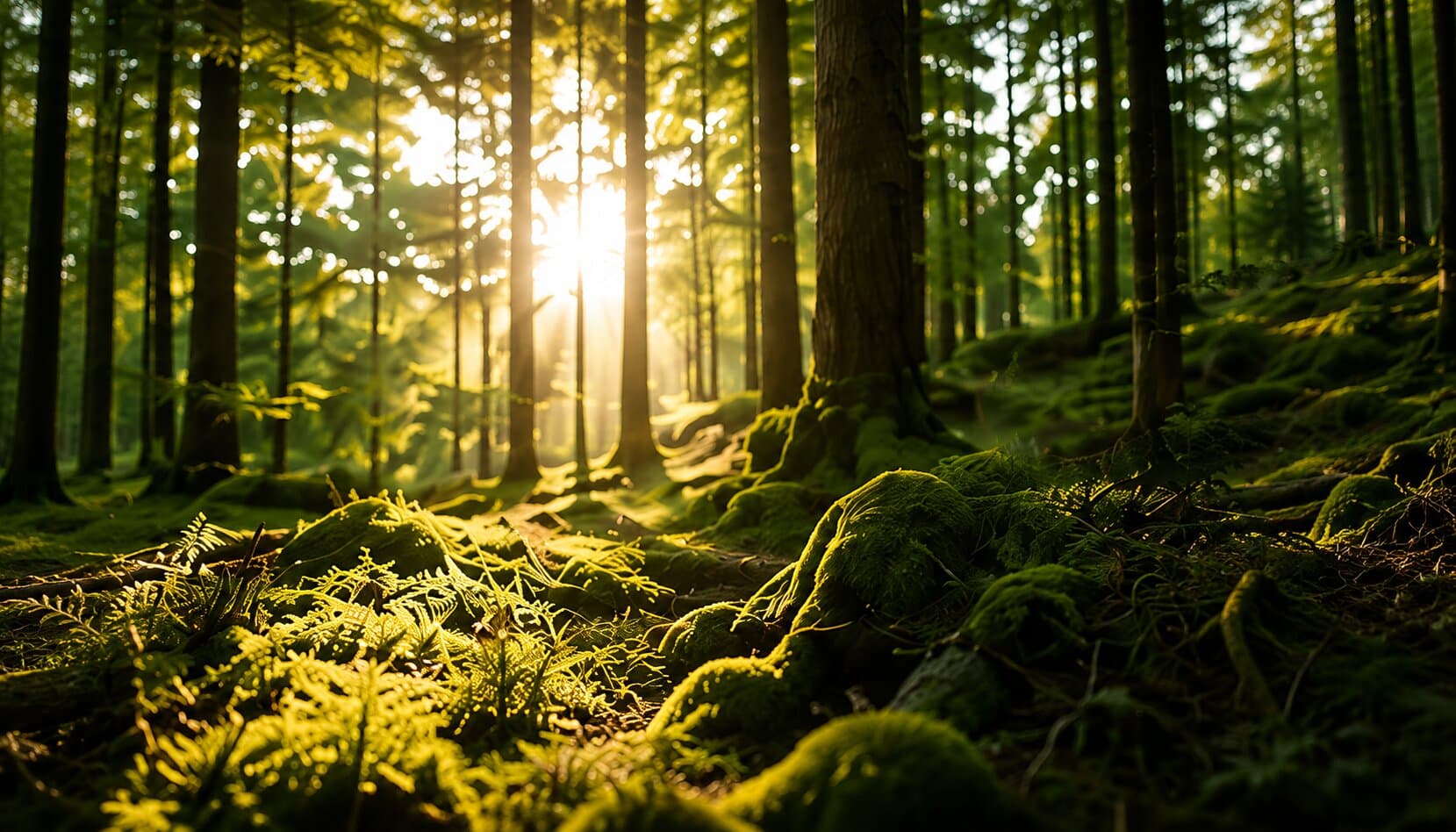 Sonnendurchfluteter Wald mit moosbedecktem Boden