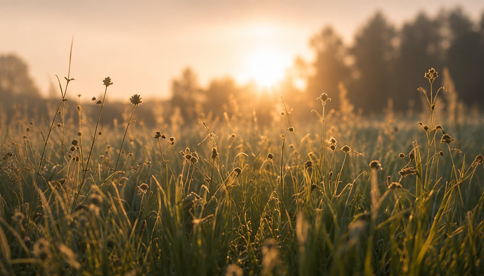 Wiese im warmen Morgenlicht mit Gräsern