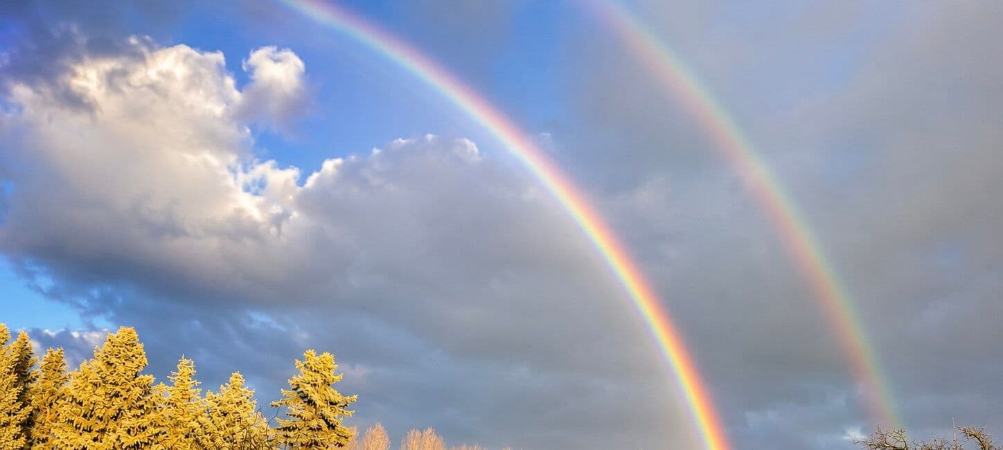 Doppelter Regenbogen über blühender Streuobstwiese