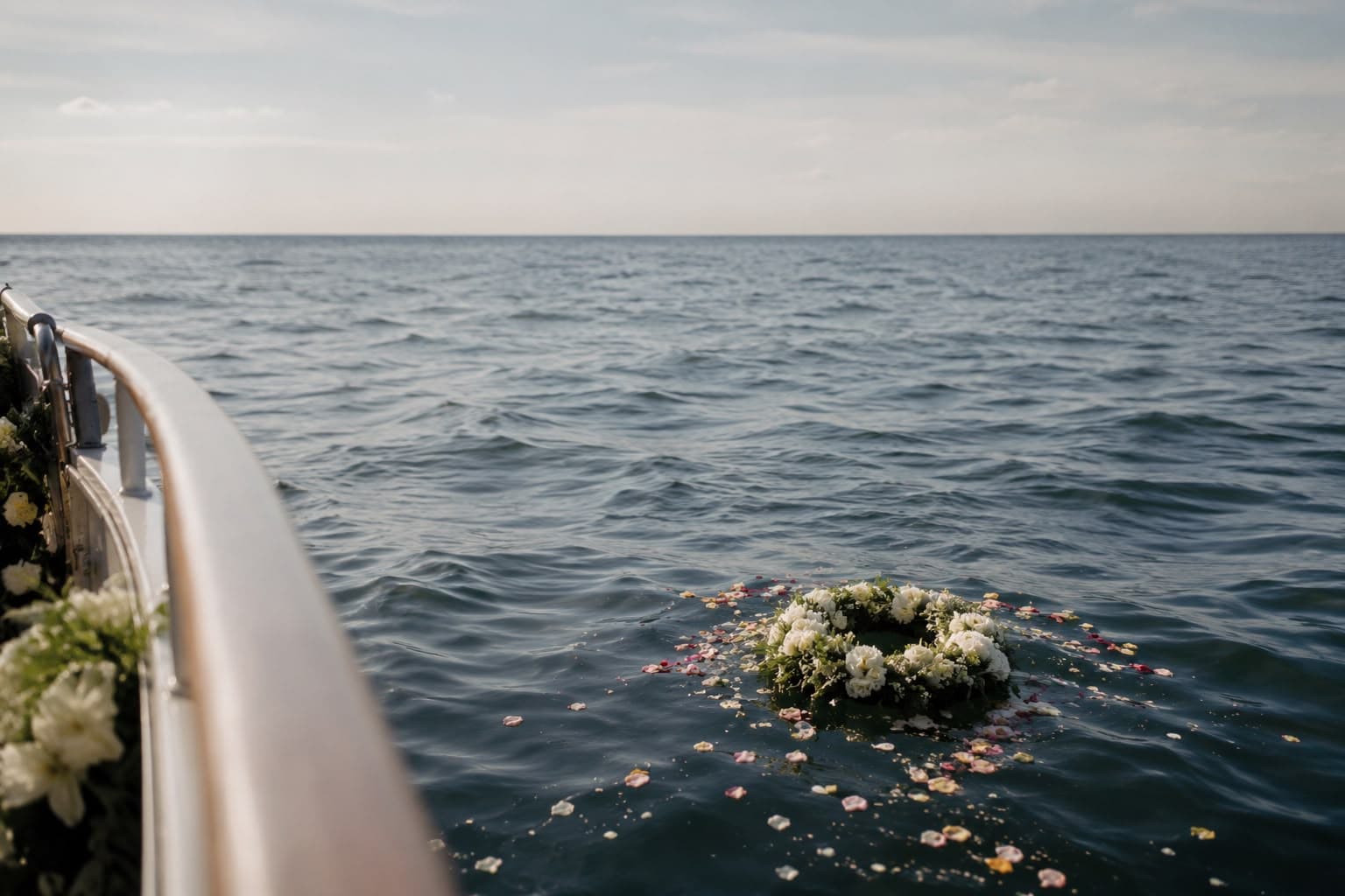Blumenkranz treibt im Wasser nach Seebestattung